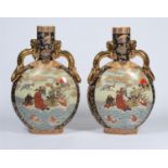 A LARGE PAIR OF REPRODUCTION SATSUMA STYLE TWO HANDLED MOONFLASK VASES, WITH CYLINDRICAL NECKS