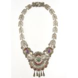 A MEXICAN TURQUOISE, CORAL AND AMETHYST SET SILVER NECKLACE, 43CM L, MARKED ON CLASP MATL SALAS