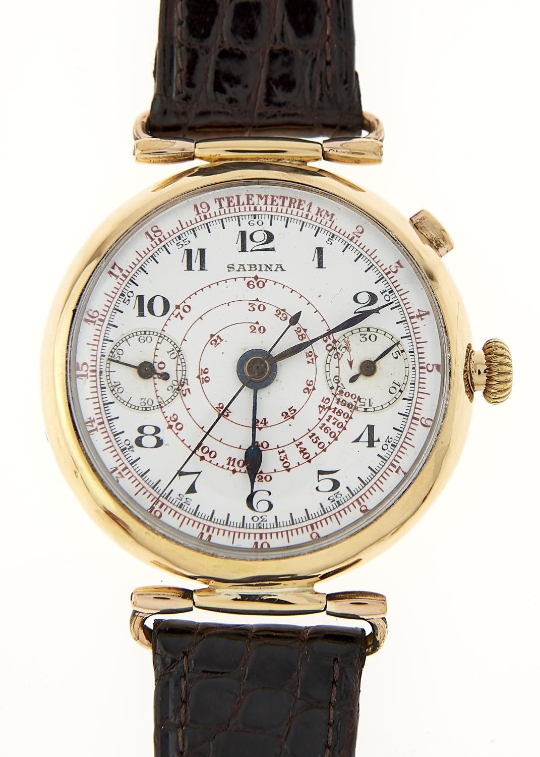 A SABINA GOLD GENTLEMAN'S CHRONOGRAPH WRISTWATCH, SINGLE BUTTON WITH HINGED LUGS, 38MM DIAM,