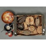 FOLK ART.   A COLLECTION OF NORWEGIAN CARVED WOOD BUTTER BOXES, FLASKS AND DRINKING VESSELS, SEVERAL