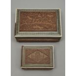 TWO INDIAN SANDALWOOD, EBONY, IVORY AND SADELI BOXES, MADRAS PRESIDENCY, LATE 19TH C, THE LARGER