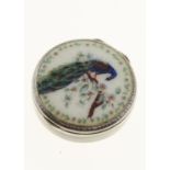 A CONTINENTAL SILVER AND GUILLOCHE ENAMEL BOX, C1920, THE LID PAINTED WITH A PEACOCK ON A BRANCH,