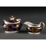 A NEW HALL CREAM JUG AND SUGAR BOX AND COVER, PATTERN 538, C1800-05, WITH GILT OAK LEAF AND KEY