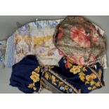 A SMALL GROUP OF VINTAGE TEXTILES TO INCLUDE AN ORIENTALIST WOVEN AZURE BLUE AND GOLD WOOL BED