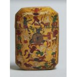 AN INDIAN GOLD GROUND LACQUERED PASTE BOARD CIGAR CASE AND COVER, C1900, PAINTED WITH DEMONS, 12.5CM