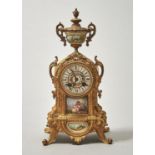 A  FRENCH  GILTMETAL MOUNTED SEVRES STYLE PORCELAIN  MANTEL CLOCK, LATE 19TH C,  SURMOUNTED BY URNS,