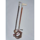 TWO VICTORIAN AND EARLY 20TH C RIDING WHIPS, ONE OF MALACCA WITH BONE HANDLE AND EMBOSSED EPNS