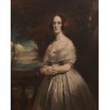 ENGLISH SCHOOL, 19TH CENTURY - PORTRAIT OF A YOUNG WOMAN, THREE QUARTER LENGTH IN AN IVORY GOWN