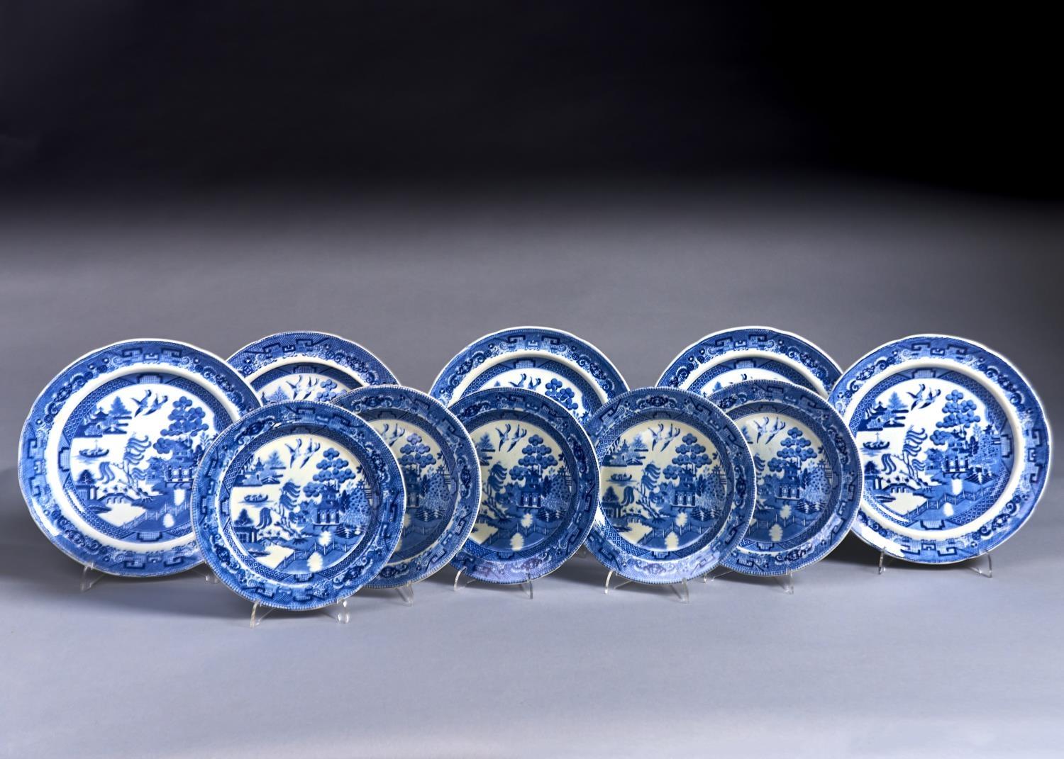 TWO SETS OF FOUR AND FIVE BLUE PRINTED EARTHENWARE WILLOW PATTERN PLATES AND ONE OTHER, ALL C1830, - Image 2 of 2