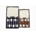 A SET OF SIX GEORGE V SILVER COFFEE SPOONS, BY A J BARLEY, BIRMINGHAM 1918 AND ANOTHER CASED SET