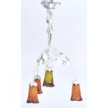 A FRENCH NATURALISTIC TUBULAR AND SHEET IRON CHANDELIER AND CONTEMPORARY MULLER FRERES LAMPSHADES,