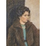 BRITISH SCHOOL, 20TH C - PORTRAIT OF A LADY, BUST LENGTH IN GREEN DRESS AND BROWN COAT, PASTEL, 33.5