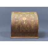 A PARCEL GILT AND EMBOSSED TAN LEATHER STATIONERY BOX, C1930, DECORATED WITH GROTESQUES, THE