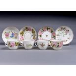 THREE NEW HALL TEACUPS AND SAUCERS WITH FLORAL PATTERNS 594, 1155 AND 1822 AND ANOTHER WITH BLUE