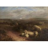 FOLLOWER OF GEORGE COLE - LANDSCAPE WITH SHEEP AND A HAY WAGON, PERHAPS IN SURREY, OIL ON CANVAS,