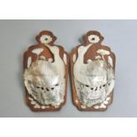A PAIR OF CHINESE WOOD, CARVED MOTHER OF PEARL AND INLAID WALL POCKETS IN THE FORM OF GEESE,