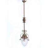 AN EARLY ELECTRIC GILT PAINTED WROUGHT IRON PENDANT LAMP AND CUT GLASS SHADE, C1920, APPLIED WITH