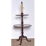 A  MAHOGANY  TWO TIER DUMB WAITER,19TH C, THE DISHED TRAYS WITH REEDED RIM, ON VASE KNOPPED PILLAR