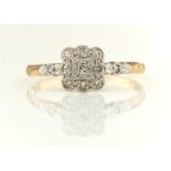 A DIAMOND CLUSTER RING, WITH DIAMOND SHOUDERS MILLEGRAIN SET, MARKS RUBBED, ...PLAT, 2G, SIZE Q½
