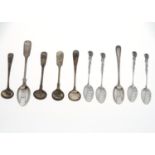 MISCELLANEOUS GEORGE III AND LATER SILVER TEA, COFFEE AND CONDIMENT SPOONS AND A PAIR OF SUGAR BOWS,
