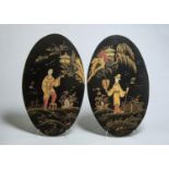 A PAIR OF CHINOISERIE JAPANNED OVAL WOOD PANELS, C1930, 44 X 27CM, UNFRAMED Condition reportGood