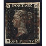 GREAT BRITAIN 1840 1d black plate 5 MK with central red MC cancellation. Three wide margins, just