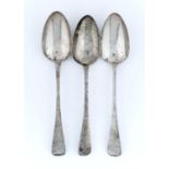ONE AND PAIR OF GEORGE III SILVER TABLE SPOONS, OLD ENGLISH PATTER, BOTH LONDON, THE PAIR BY SARAH