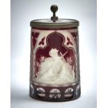 A BOHEMIAN PEWTER  MOUNTED AND ENGRAVED RUBY CASED GLASS TANKARD, ATTRIBUTED TO FRANZ PAUL ZACH,