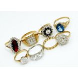 A WHITE GOLD AND SEVEN GOLD RINGS, VARIOUSLY GEM SET, 9CT  GOLD OR MARKED 9CT, 21.5G,  VARIOUS SIZES