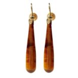 A PAIR OF 9CT GOLD AND TIGER EYE EARRINGS,  36MM EXCLUDING FITTINGS, MARKED 9CT, 4.5G GOOD