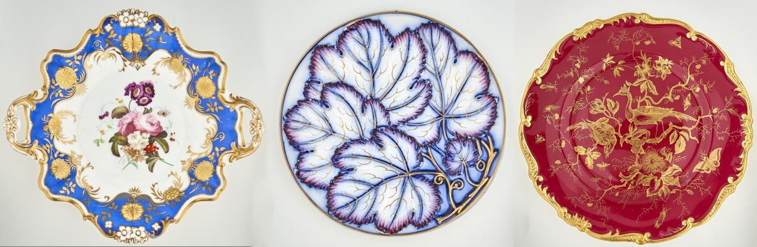 A JOHN RIDGWAY DESSERT DISH, C1835, PAINTED WITH FLOWERS IN BLUE AND GILT BORDER, 26CM OVER HANDLES,