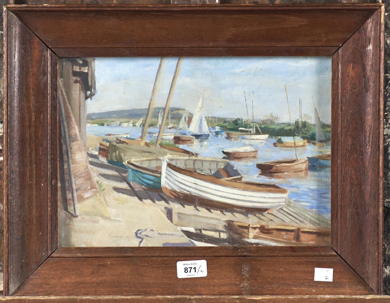 MARJORIE MORT (1906-1989) - NEWLYN FISH MARKET; BOATS IN AN ESTUARY, TWO, BOTH SIGNED, OIL ON BOARD, - Image 4 of 6