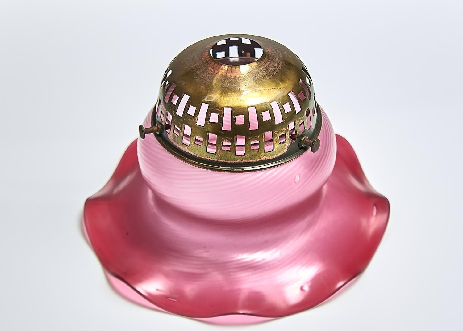 A GERMAN EARLY ELECTRIC BRASS MOUNTED CRANBERRY GLASS HANGING LAMPSHADE, C1910,  SPIRALLY REEDED - Image 2 of 3