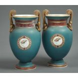 A PAIR OF VICTORIAN OPAQUE PORCELAIN TWO HANDLED VASES IN CLASSICAL TASTE, THE NECKS DECORATED IN