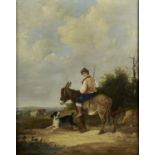 FOLLOWER WILLIAM SHAYER - FARM BOY ON A  DONKEY WITH A DOG AND LIVESTOCK,  BEARS SIGNATURE, OIL ON