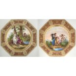 TWO VIENNA STYLE OCTAGONAL CABINET PLATES, C1900, PAINTED WITH LOVERS AND MAIDENS IN RAISED GILT