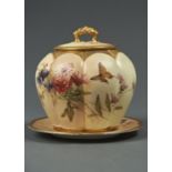 A ROYAL WORCESTER LOBED OVOID MELON JAR, COVER AND STAND, 1900,  PRINTED AND PAINTED WITH A