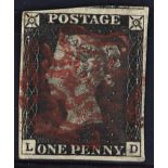 GREAT BRITAIN:1840 1d black plate 3 LD with central red MC cancellation. Fine.