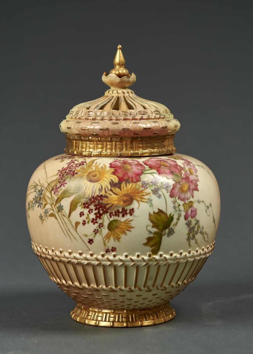 A ROYAL WORCESTER ROSE JAR AND COVER, 1899, OF BASKET MOULDED GLOBULAR FORM WITH PAGODA COVER,