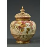 A ROYAL WORCESTER ROSE JAR AND COVER, 1899, OF BASKET MOULDED GLOBULAR FORM WITH PAGODA COVER,
