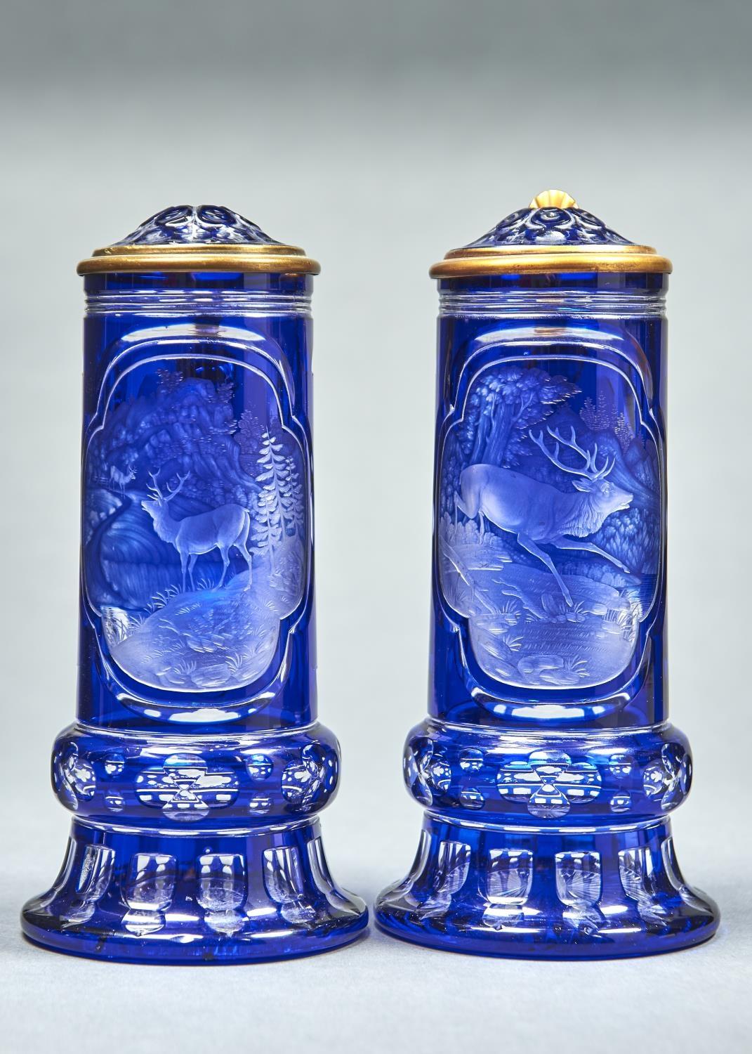 A PAIR OF BOHEMIAN ENGRAVED BLUE CASED GLASS TANKARDS, ATTRIBUTED TO FRANZ PAUL ZACH, , C1860,THE