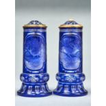 A PAIR OF BOHEMIAN ENGRAVED BLUE CASED GLASS TANKARDS, ATTRIBUTED TO FRANZ PAUL ZACH, , C1860,THE