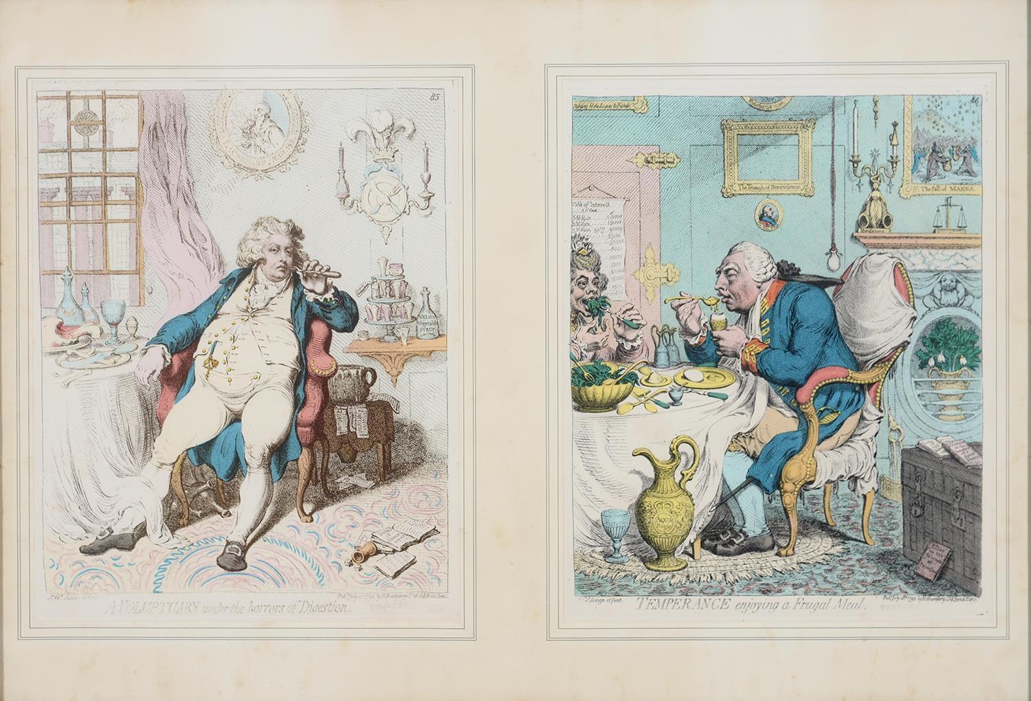 TWO REPRODUCTION CARICATURES AFTER JAMES GILRAY, TOGETHER FRAMED AND ANOTHER LARGER SIMILAR