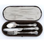 A VICTORIAN SILVER CHRISTENING SET OF SPOON, FORK AND KNIFE, VICTORIA PATTERN, BY HAYNE & CATER,