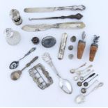 MISCELLANEOUS SMALL SILVER ARTICLES AND FLATWARE, TO INCLUDE A WAIST BUCKLE, SHIP, BOTTLE STOPPER,