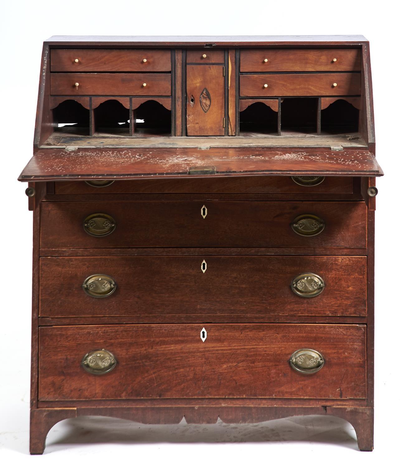 A GEORGE III MAHOGANY FALL-FRONT BUREAU, C1800, INLAID WITH A SHADED SHELL PATERA ON HAREWOOD GROUND - Image 2 of 2