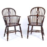 A PAIR OF ASH AND ELM WINDSOR ELBOW CHAIRS, MID 19TH C, PIERCED SPLATS FLANKED BY SPINDLES, DISHED