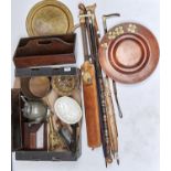 MISCELLANEOUS WOODEN ITEMS, BRASS AND METALWARE, CANES, PARASOL, A CRICKET BAT, ETC