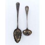 A GEORGE III SILVER TABLESPOON AND SAUCE LADLE, LATER CHASED AND GILT AS BERRY SPOONS, BY