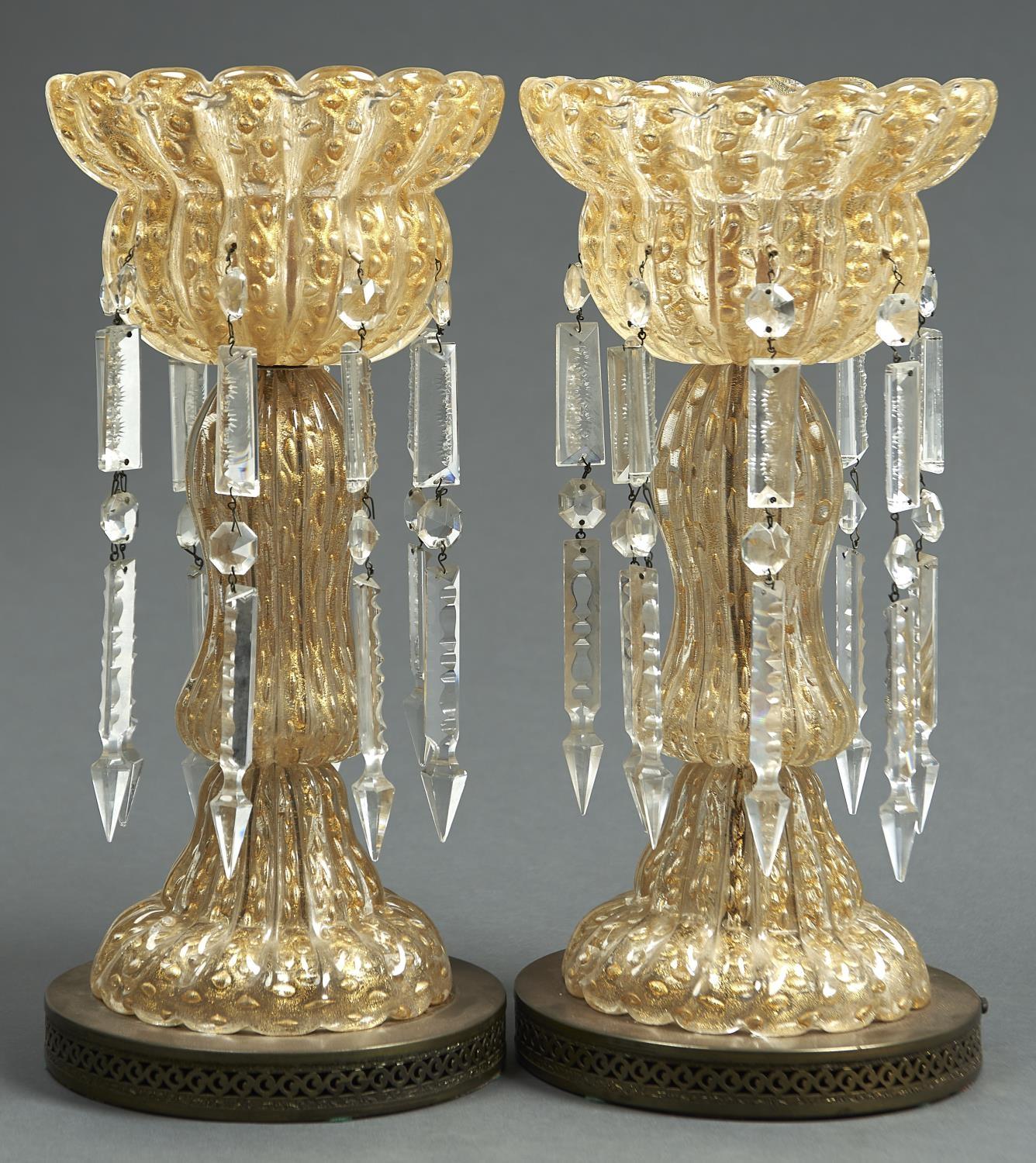 A PAIR OF VENETIAN GILT GLASS LUSTRE-LAMPS, CIRCA MID 20TH C, HUNG WITH PRISMATIC CUT BEADS AND